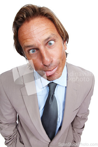 Image of Funny, comic and portrait of a business man with a silly face and a suit with white background. Crazy, joke and comedy of a model executive isolated with funny face and humor being goofy for work