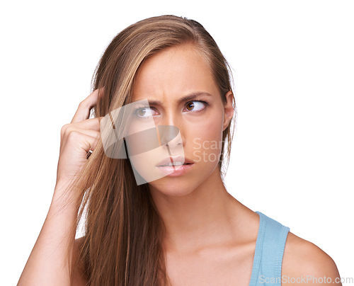 Image of Thinking, stress and confused girl with question scratching head unhappy with problem, decision or fail. Anxiety, doubt and puzzled model with confusion on face at isolated white background.