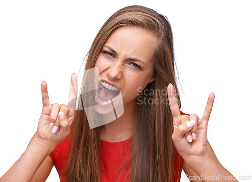 Image of Rock, hands and portrait of woman on a white background for freedom, energy and heavy metal music. Comic, emoji and face of girl isolated in studio for rock and roll gesture, punk rock and attitude