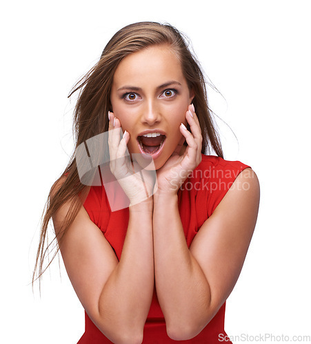 Image of Shock, wow and surprise with portrait of woman for deal, discount and sales with expression. Excited, happiness and amazing with isolated face of girl on white background for comic, meme and alert