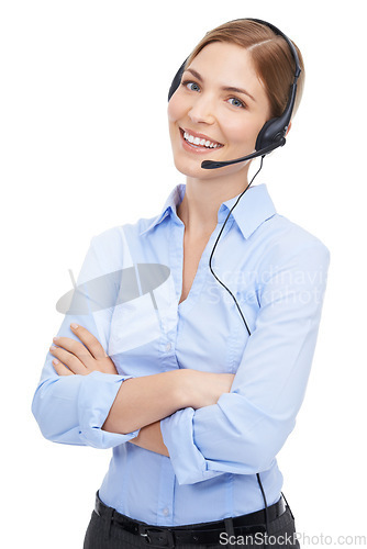 Image of Portrait, customer service and woman at call center in studio isolated on a white background. Face, contact us and smile of happy female telemarketing worker, consultant or sales agent from Canada.