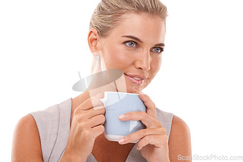 Image of Coffee drink, studio and face of woman with tea for stress relief, work break or relax with warm liquid beverage. Hydration, wellness and business employee girl with hot chocolate on white background