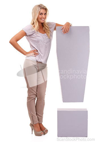 Image of Portrait, exclamation mark and grammar with a model woman in studio on a white background for an announcement or important news. Attention, exclamation and importance with a female standing indoor