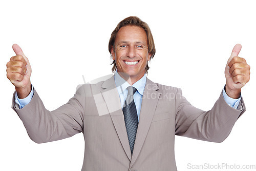 Image of Happy businessman, portrait and thumbs up hands on isolated white background in success, growth or motivation. Smile, mature and leadership thumb in yes gesture, winner emoji and good luck on mock up