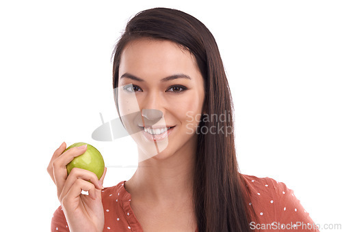 Image of Apple, health or face portrait of woman with fruit product for weight loss diet, body detox or wellness lifestyle. Healthcare model, nutritionist food or healthy vegan girl on white background studio