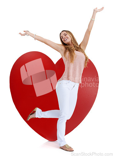 Image of Heart graphic, valentine love portrait and woman happy with freedom and excited feeling. Model, isolated white background and beautiful young person with happiness and dancing joy with mockup