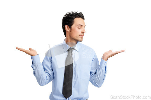 Image of Thinking, decision and businessman with comparison hands for product placement advertising with choice. Idea, think and options of corporate man with white studio mockup background for marketing.