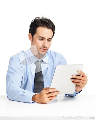 Image of Thinking, digital tablet and businessman in studio for planning, internet and search on mockup. Management, online project and man busy with schedule while working on app for task, email or browsing