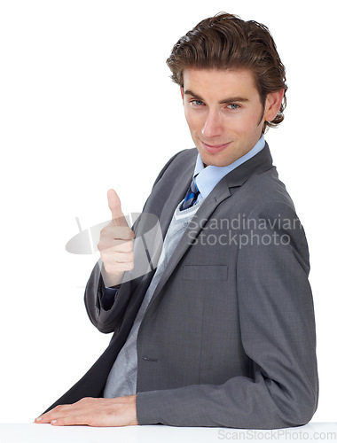 Image of Portrait, thumbs up and motivation with a business man in studio on a white background to say thank you. Success, winner and face with a male employee giving his vote with a hand sign or emoji