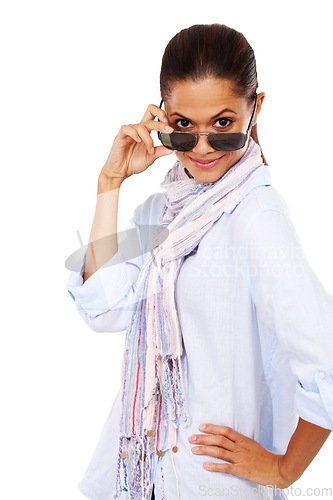 Image of Checking you out....Black woman, luxury sunglasses and portrait for fashion announcement or discount on glasses in studio. Female model isolated on a white background while peeking, happy and.