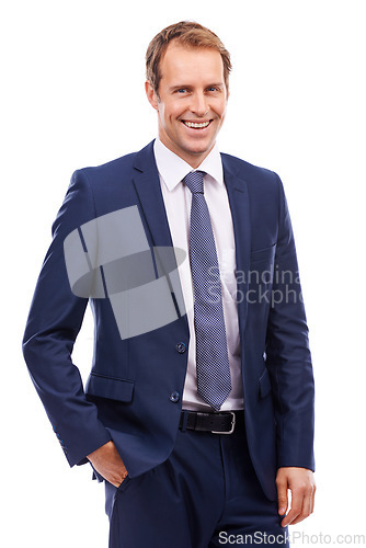 Image of Leadership, management and portrait of businessman with smile in suit with confident smile isolated on white background. Business, happiness and corporate startup ceo with hand in pocket in studio.