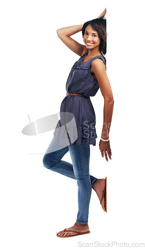 Image of Happy woman, portrait and poster or banner with advertising space, billboard or mockup for brand. Full body female with announcement, product placement or logo signage for white background branding