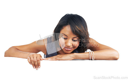 Image of Billboard poster, banner and black woman with advertising space or mockup for marketing brand or logo. Female with business announcement, product placement or signage isolated on white background