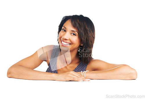 Image of Happy, smile and portrait of a woman with confidence, content and peace on white background in studio. Marketing, happiness and African model with happiness, young and excited on a studio background