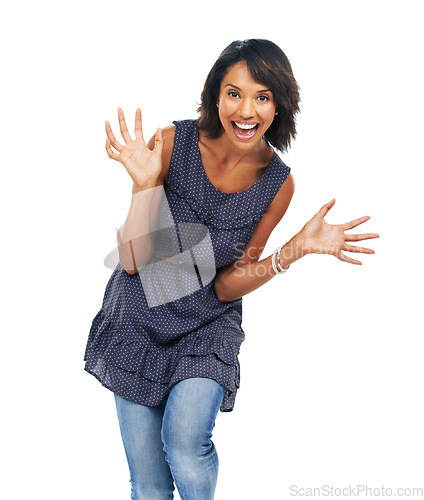 Image of Portrait, wow and black woman in studio for winner, announcement and good news on white background. Surprise, fun and girl model with omg news, excited and shocked while standing isolated with mockup