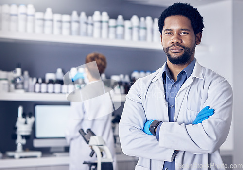 Image of Science, innovation and portrait of man in laboratory, leadership and motivation in vaccine development in South Africa. Healthcare, phd scientist or black man pharmacist with success in lab research