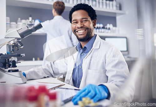 Image of Portrait, scientist or black man with research in laboratory, tablet or innovation for healthcare, online schedule or tech. African American male, researcher or digital planning for medical diagnosis