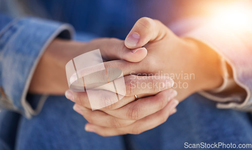 Image of Hands, fingers crossed and prayer, spiritual meditation for woman with hope, trust in god and worship. Mindfulness, peace and meditate, religious thinking with lady praying and faith in religion.