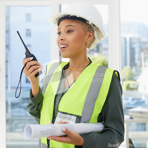 Image of Construction, walkie talkie and portrait of black woman with blueprint for engineering, building and architecture. Leadership, inspection and female construction worker with radio for communication