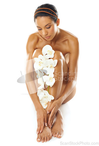 Image of Body, skincare and woman with flowers in studio for natural beauty, product or cosmetics promotion in mockup. Legs, manicure and pedicure of model with floral skin care, dermatology and luxury spa