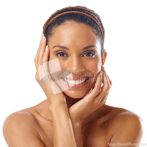 Image of Face, skincare and beauty portrait of woman in studio isolated on a white background. Makeup, natural cosmetics and happy female model satisfied with spa facial treatment for healthy skin or wellness