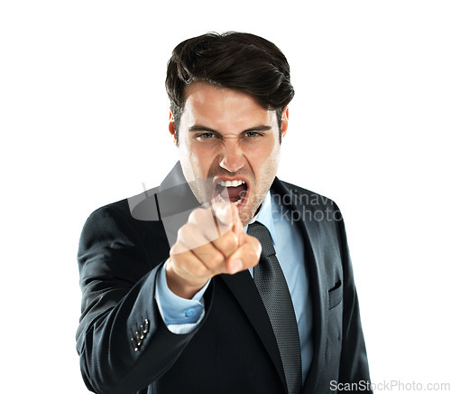 Image of Shout, hand point and angry business man portrait of a employee screaming with white background. Frustrated, anger and shouting with hand gesture about work, stress and career mistake in studio