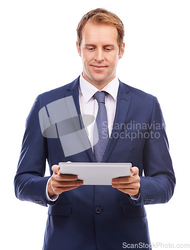 Image of Businessman, tablet and working in social media, networking or online marketing against a white studio background. Isolated CEO man holding touchscreen for market advertising, internet or trading