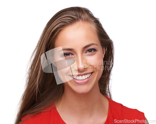 Image of Face portrait, dental smile and a woman with a teeth smile on isolated white background with a positive mindset. Young professional female model in studio with makeup, cosmetics and hair care