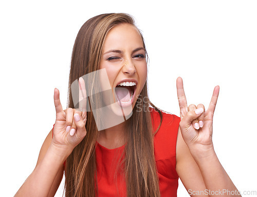 Image of Rock, hand sign and portrait of woman on a white background for freedom, energy and heavy metal music. Comic, emoji and face of girl isolated in studio for rock and roll gesture, punk and attitude