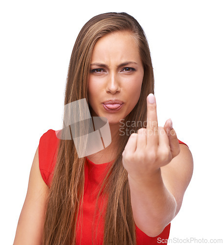Image of Middle finger, rude woman and portrait in studio, isolated white background and anger. Female model, obscene gesture and tongue out for angry opinion, bad emoji or sign of hate, rejection or conflict