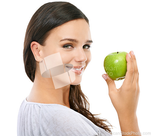 Image of Apple, health and portrait of a woman with fruit for diet isolated on a white background in studio. Food, nutrition and happy model with fruits for vegan lifestyle, eating healthy and vitamin