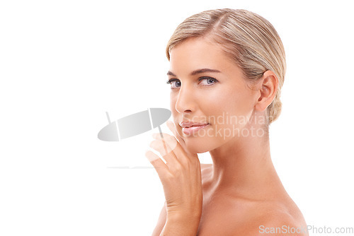 Image of Dermatology, calm beauty and portrait of woman relax about skincare and spa skin glow. White background, hand and wellness mockup of a model peaceful about facial care and face skin care in studio