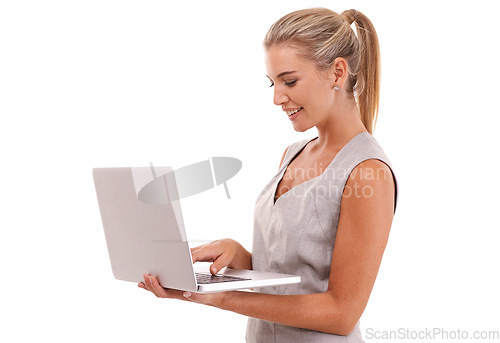 Image of Laptop, typing and profile of business woman review financial portfolio, stock market or online investment. Economy, bitcoin mining or trader trading crypto, forex or nft on white background studio