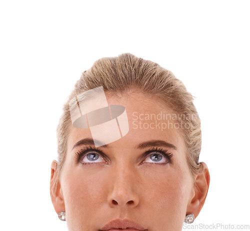 Image of Mockup, thinking and up with a woman in studio on a white background for an advertising or marketing idea. Beauty, mock up and think with an attractive young female looking at product placement space