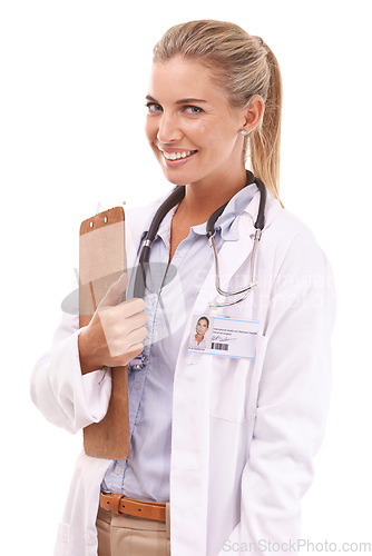 Image of Portrait, healthcare doctor and woman with checklist in studio isolated on white background. Face, wellness and female medical worker from Canada with clipboard for research, prescription or schedule