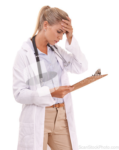 Image of Stress, problem and doctor reading a report, healthcare chart or lab results on a studio background. Mistake, check and woman with medical charts anxiety, research and survey on a white background