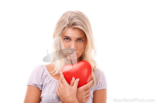 Image of Heart, love and portrait of sad woman with red object, romantic product or emoji icon for Valentines Day holiday. Broken heart, heartbreak and studio headshot of lonely model girl on white background