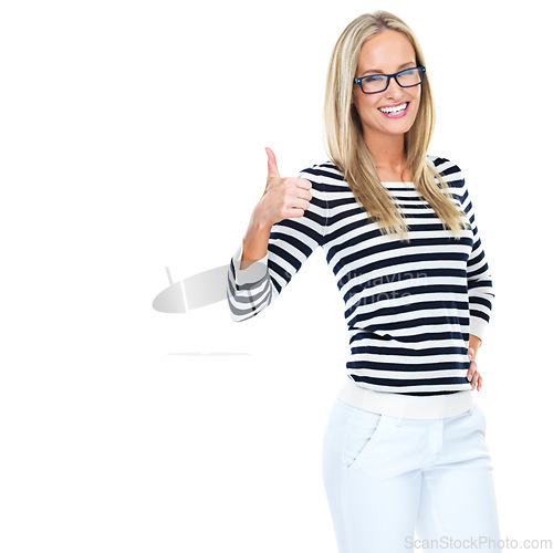 Image of Portrait, woman and thumbs up for achievement, success and girl isolated on white studio background. Female, lady and gesture for agreement, happiness and celebration for good news, like and backdrop