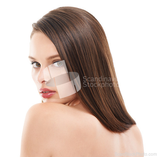 Image of Face portrait, back and hair care of woman in studio isolated on a white background. Makeup cosmetics, skincare and female model with balayage after salon treatment for beauty, texture and hairstyle.