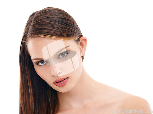 Image of Woman skincare, portrait or brunette hairstyle and makeup cosmetics, dermatology or healthcare wellness. Zoom, beauty model or face with brown hair color, facial glow or collagen on white background