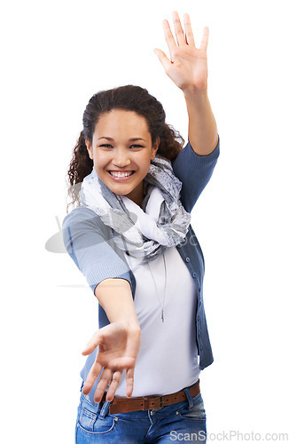 Image of Open arms, smile and woman on a white background for advertising, copy space and marketing in studio. Creative, fashion and portrait of girl for announcement, product placement and emotion reaction