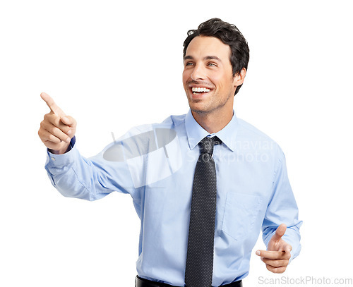 Image of Businessman, hands or pointing on studio background for finance deal, investment growth strategy or company stock sales. Smile, happy or worker finger in opinion, vote or optimism gesture on mock up