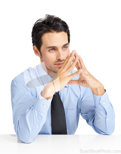 Image of Thinking, idea and businessman in studio contemplating, brainstorming or planning a project. Corporate, plan and pensive professional male employee being thoughtful on a proposal by white background.