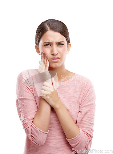 Image of Woman, mouth and hands for toothache, dental wellness or upset portrait isolated in white background. Unhappy model, sad face and tooth pain, frustrated injury or teeth healthcare problem in studio