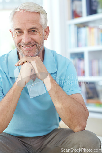 Image of Home, relax and portrait of senior man with smile enjoying retirement, holiday and calm on weekend. Happy lifestyle, smile and elderly male with positive mindset, peace and content in living room