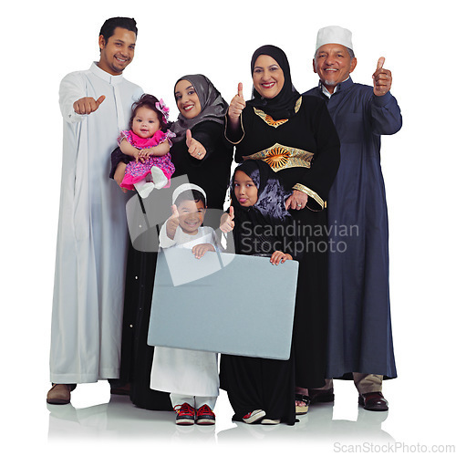 Image of Muslim family, thumbs up portrait and poster space with children and parents together for Islam religion. Arab women, men and kids with banner sign for eid and support isolated on a white background