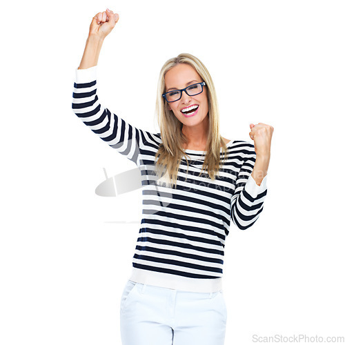 Image of Happy business woman, portrait and fist on isolated white background in marketing winner and advertising success. Smile, creative or designer and celebration hand gesture on mock up studio backdrop