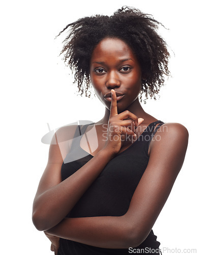 Image of Secret, skincare and portrait of a black woman in studio with beautiful, glow and healthy skin. Beauty, wellness and African female model with finger on mouth and positive mindset by white background