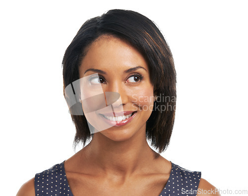 Image of Face, black woman and thinking of ideas in studio for mindset, planning and remember memory. Inspiration, solution and happy model on white background question visionary goals, daydream and decision