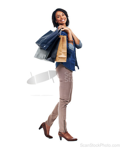 Image of Fashion, shopping or happy customer with smile or clothes in studio on white background with marketing mockup space. Sale, black woman or girl with shopping bags on discount deal or promotional offer